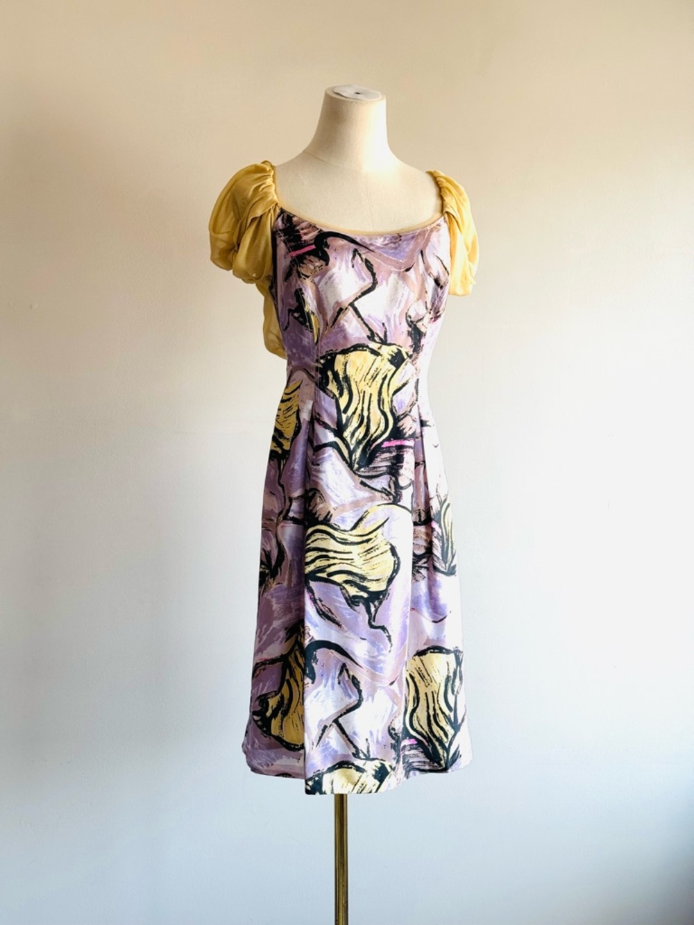 Alberta Ferretti Lavender & Yellow Floral Print Slip Dress with Puff Sleeve Top